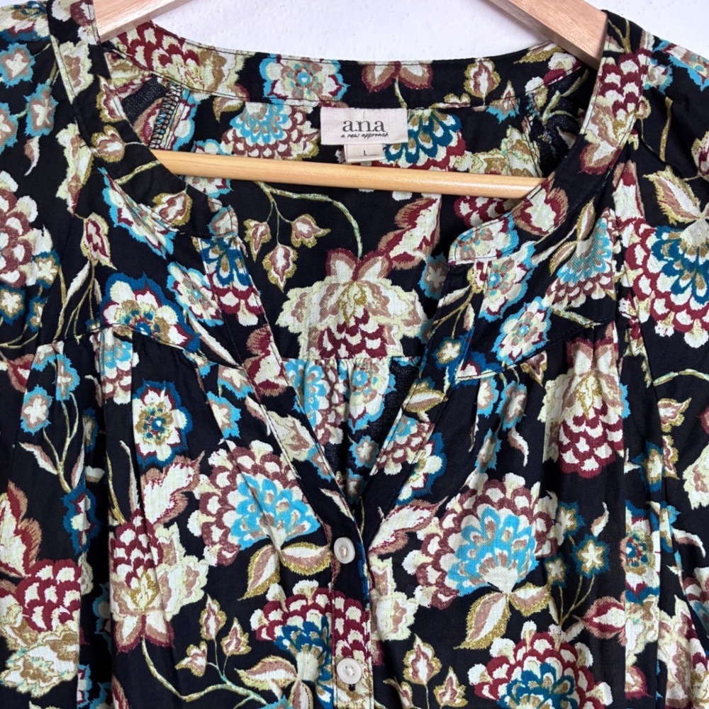 A.N.A. Black Teal Floral Boho Peasant Blouse Top L Cotton - Picture 6 of 10